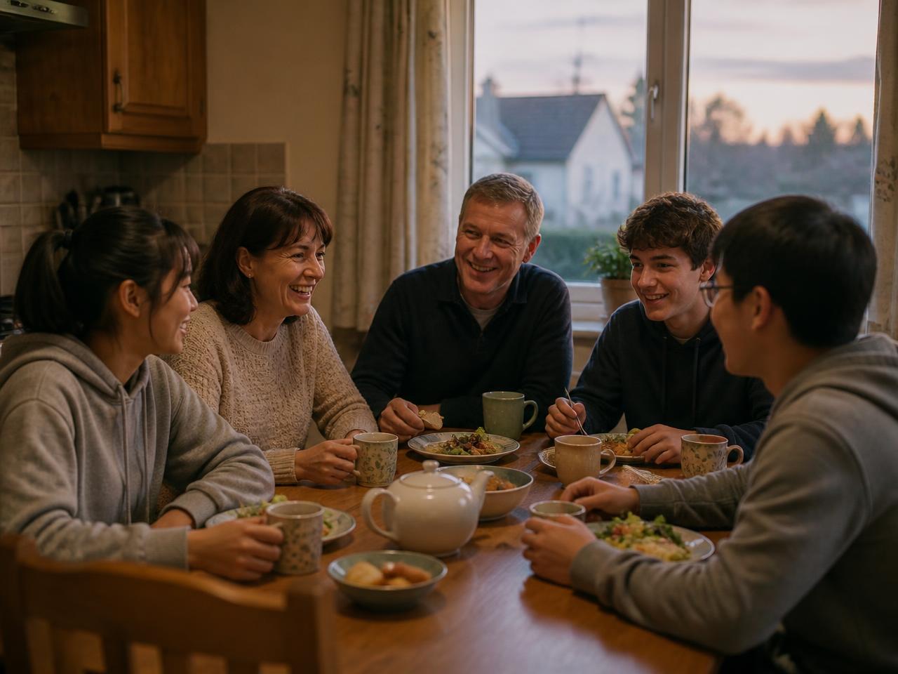 An Irish host family sharing dinner with two international students